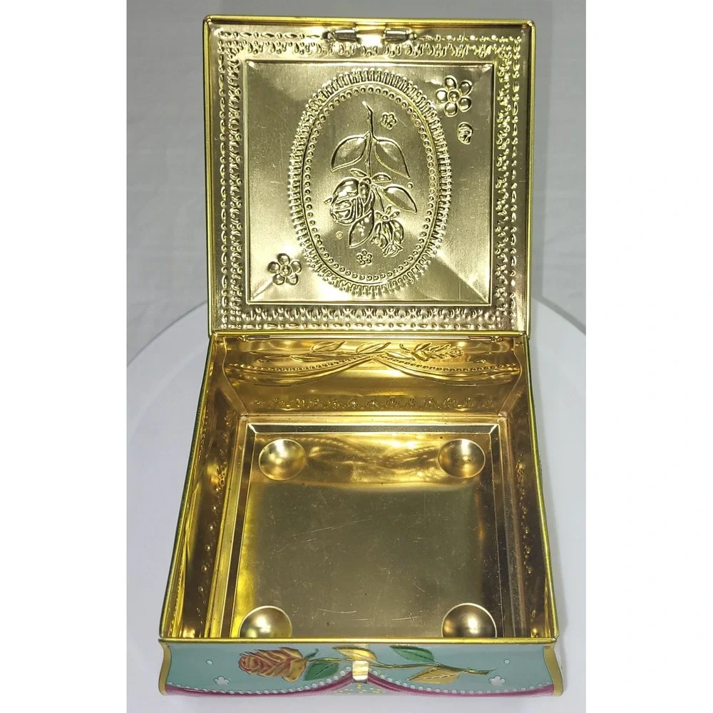 Trinket Box Teal Gold Embossed Rose Metal Tin Vintage Victorian Cottagecore